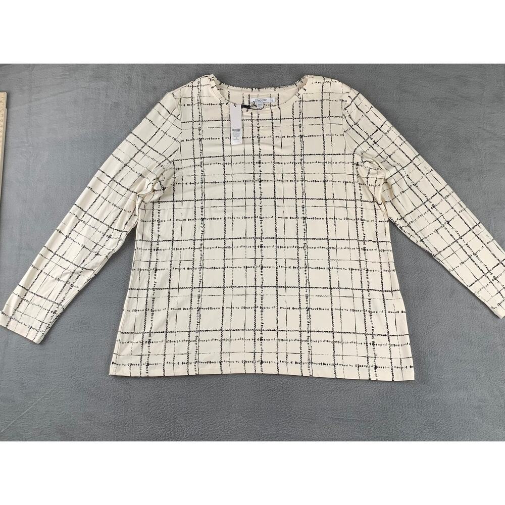 Chico’s Touch Of Cool Plaid Layering Tee Top Basic Knit English Cream Size XL